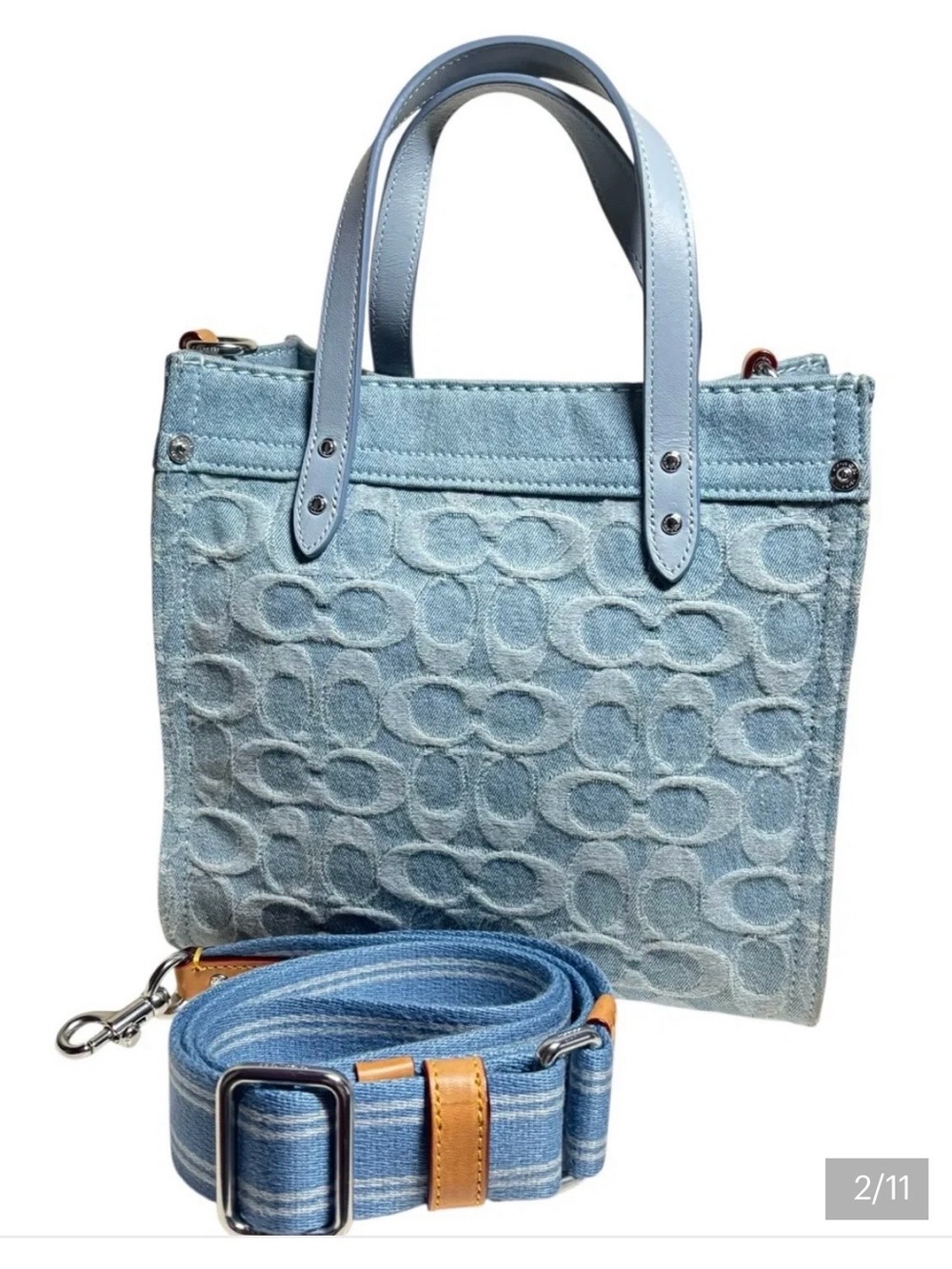 Coach Pale Blue Field Tote 22 Signature with Orange Leather Tag